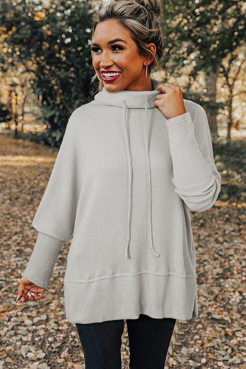 Textured Knit Drawstring Cowl Neck Oversize Slit Hem Top